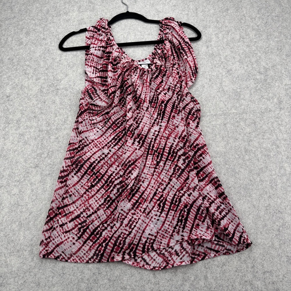 Worthington Blouse Womens 1X Pink Animal Print Ruffle Sleeveless Tunic Top